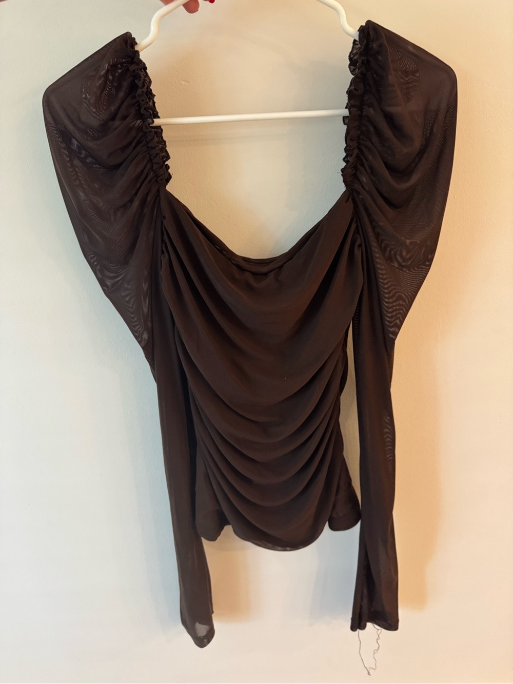 Women's Brown Ruched Draped Long-Sleeve Top